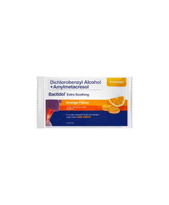 BACTIDOL EXTRA SOOTHING Dichlorobenzyl Alcohol / Amylmetacresol 1.2mg / 600mcg Lozenge 8's Orange, Dosage Strength: 1.2 mg / 600 mcg, Drug Packaging: Lozenge 8's, Drug Flavor: Orange