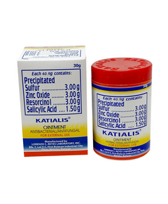 KATIALIS Ointment 30g Sulfur / Zinc Oxide / Resorcinol / Salicylic Acid 3g / 3g / 3g / 1.5g per 40.9g, Dosage Strength: 3.00g+3.00g+3.00g+1.5g, Drug Packaging: Ointment 30g