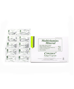 CONZACE Multivitamins / Minerals Soft Gel Capsule 1's, Dosage Strength: Formulation: Each softgel capsule contains Retinol palmitate (Vit. A) dl-Alpha Tocopheryl Acetate (Vitar Ascorbic Acid (Vit. C) Zinc (as Sulfate) 5,000 IU 100 IU 500mg 25mg, Drug Packaging: SoftGel Capsule 1's