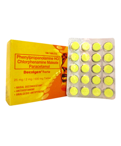 DECOLGEN FORTE Phenylpropanolamine Hydrochloride / Chlorphenamine Maleate / Paracetamol 25mg / 2mg / 500mg Tablet 1's, Dosage Strength: 2mg / 25mg / 500mg, Drug Packaging: Tablet 1's