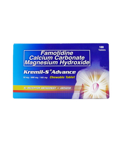 KREMIL-S ADVANCE Famotidine / Calcium Carbonate / Magnesium Hydroxide 10mg / 800mg / 165mg Chewable Tablet 1's, Dosage Strength: 10 mg / 800 mg / 165 mg, Drug Packaging: Chewable Tablet 1's