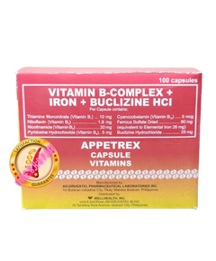 APPETREX Vitamin B Complex / Iron / Buclizine Hydrochloride Capsule 1's, Dosage Strength: 10 mg / 1.8 mg / 20 mg / 5 mg / 5 mcg / 80 mg / 25 mg, Drug Packaging: Capsule 1's