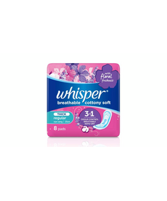 WHISPER Thick Cottony Soft Regular Sanitary Pads Non-Wing 8's Floral, Drug Packaging: Sanitary Pads Non-Wing 8's
