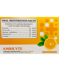 AMBILYTE Oral Rehydration Salts 520mg / 2.7g Powder for Solution 5.125g 1's Orange, Dosage Strength: 520 mg 2.7 g Formulation: Each Sachet (4.1 g) contains: Sodium Chloride Glucose, Anhydrous Potass IU m Chloride TriSodium Citrate, dihydrate Each Sachet (20.5 g) contains: Sodium Chloride Glucose, Anhydrous Potass IU m Chloride TriSodium Citrate, dihydrat, Drug Packaging: Powder for Solution 5.125g x 1's
