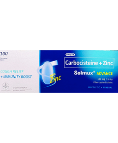 SOLMUX ADVANCE Carbocisteine / Zinc 500mg / 5mg Film-Coated Tablet 1's, Dosage Strength: 500 mg / 5 mg, Drug Packaging: Film-Coated Tablet 1's